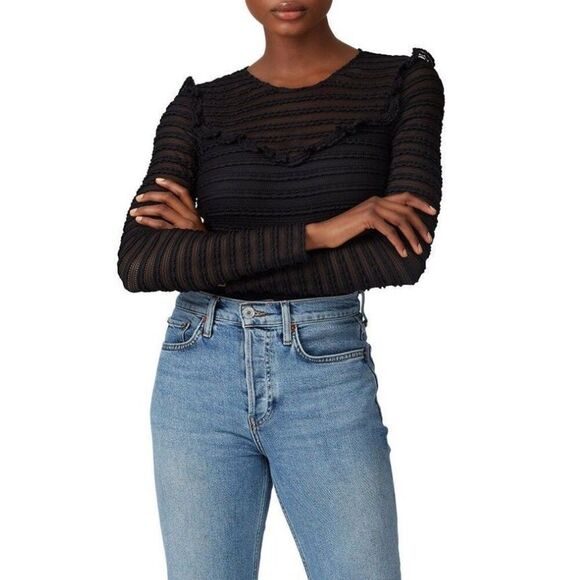 Parker Black Ruffle Textured Mesh Overlay Carmen Top S - Picture 1 of 5